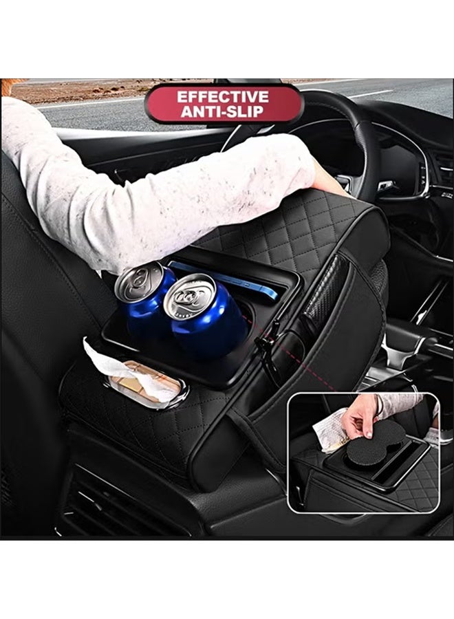 بكومور غطاء وسادة مسند ذراع السيارة متعدد الاستخدامات مع وحدة تحكم مركزية، مصنوع من جلد البولي يوريثان المقاوم للماء، مزود بحامل أكواب، وفتحة للهاتف، وعلبة مناديل، ومنظم داخلي متعدد الوظائف لسيارات الدفع الرباعي والسيدان. - Image 4